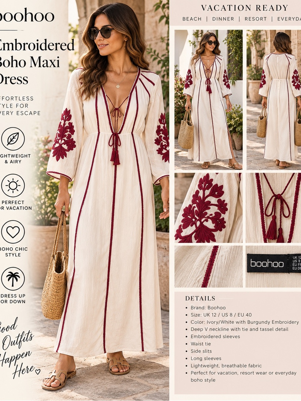 Boohoo Embroidered Boho Maxi Dress Ivory Burgundy Tassel US 8